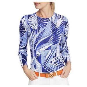 J. McLaughlin Cotton Blend Blue/White "Royal Palm" Crewneck LENNY Sweater M